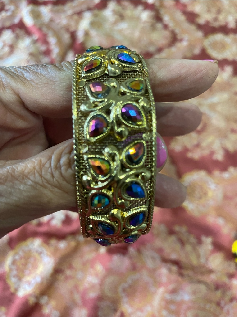 Stanley Gold Bangle with Multicolor Iridescent Teardrops